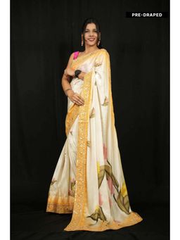 Isadora Life - Womens Floral Embroidered Ivory Pre-Draped Saree With Unstitched Blouse