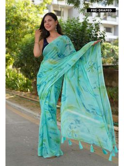 Isadora Life - Womens Printed Tassels Blue Pre-Draped Saree With Unstitched Blouse