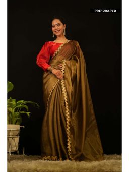 Isadora Life - Womens Solid Embroidered Olive Pre-Draped Saree With Unstitched Blouse