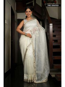 Isadora Life - Womens Sequined Mirror Work White Pre-Draped Saree With Unstitched Blouse