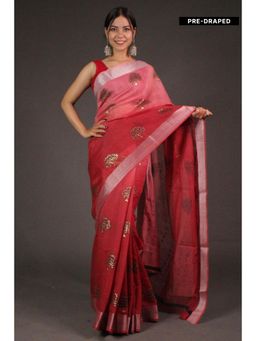 Isadora Life - Womens Ombre Printed Red Pre-Draped Saree With Unstitched Blouse