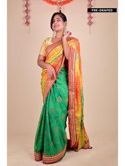 Isadora Life - Womens Printed Gota Multi-Color Pre-Draped Saree With Unstitched Blouse
