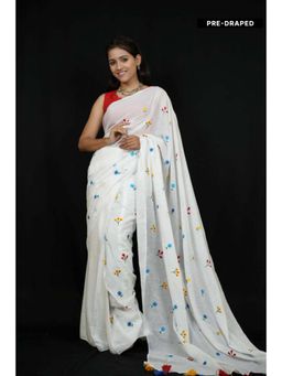 Isadora Life - Womens Embroidered Tassels White Pre-Draped Saree With Unstitched Blouse