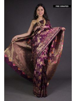 Isadora Life - Womens Woven Zari Purple Pre-Draped Saree With Unstitched Blouse