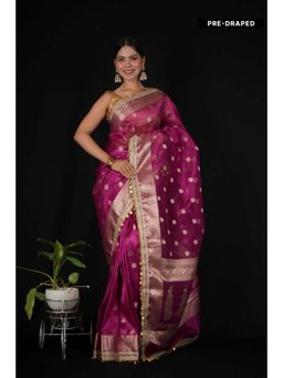 Isadora Life - Womens Woven Zari Purple Pre-Draped Saree With Unstitched Blouse
