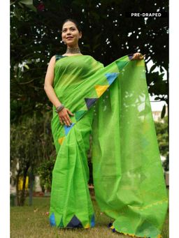 Isadora Life - Womens Solid Tassels Green Pre-Draped Saree With Unstitched Blouse
