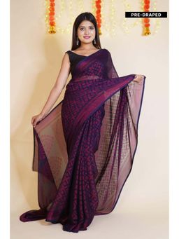 Isadora Life - Womens Printed Purple Pre-Draped Saree With Unstitched Blouse