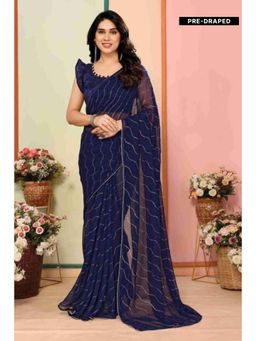Isadora Life - Womens Sequined Navy Blue Pre-Draped Saree With Unstitched Blouse