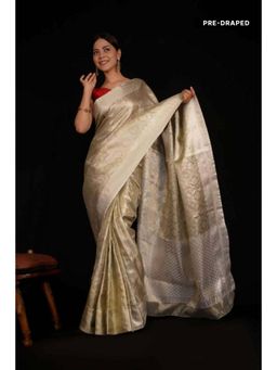 Isadora Life - Womens Woven Zari Silver Pre-Draped Saree With Unstitched Blouse