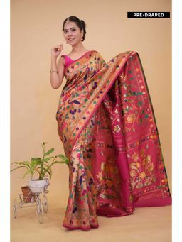 Isadora Life - Womens Floral Zari Pink Pre-Draped Saree With Unstitched Blouse