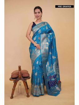 Isadora Life - Womens Woven Zari Blue Pre-Draped Saree With Unstitched Blouse