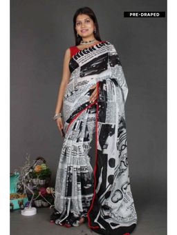 Isadora Life - Womens Typography Printed Multi-Color Pre-Draped Saree With Unstitched Blouse