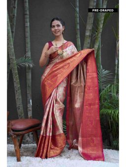 Isadora Life - Womens Floral Zari Beige Pre-Draped Saree With Unstitched Blouse