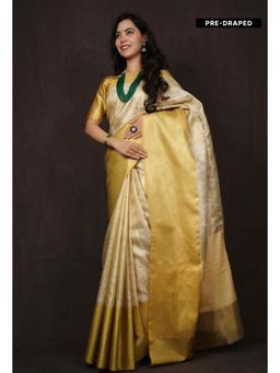 Isadora Life - Womens Woven Zari Ivory Pre-Draped Saree With Unstitched Blouse