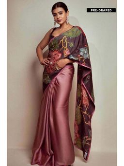 Isadora Life - Womens Embroidered Kalamkari Purple Pre-Draped Saree With Unstitched Blouse