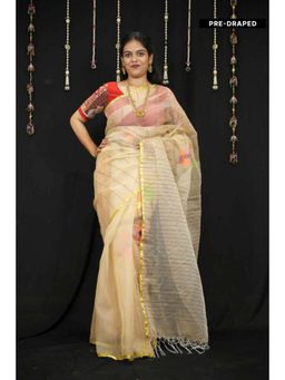 Isadora Life - Womens Stripes Tassels Beige Pre-Draped Saree With Unstitched Blouse