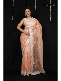 Isadora Life - Womens Embroidered Zari Peach Pre-Draped Saree With Unstitched Blouse