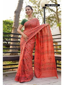 Isadora Life - Womens Floral Printed Orange Pre-Draped Saree With Unstitched Blouse