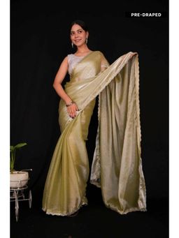 Isadora Life - Womens Embroidered Sequined Green Pre-Draped Saree With Unstitched Blouse