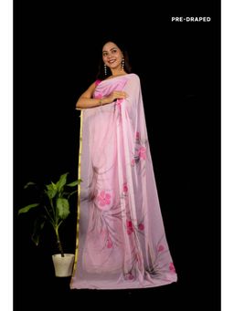 Isadora Life - Womens Floral Printed Pink Pre-Draped Saree With Unstitched Blouse