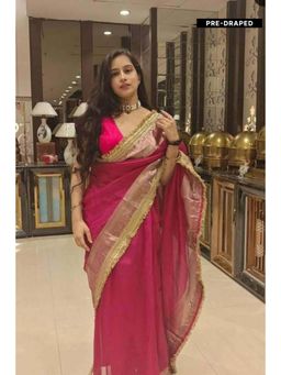 Isadora Life - Womens Woven Zari Pink Pre-Draped Saree With Unstitched Blouse