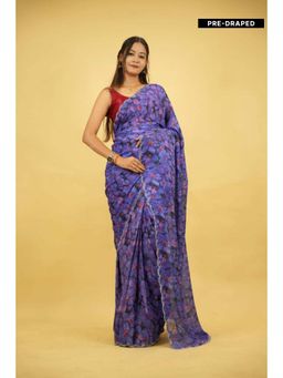 Isadora Life - Womens Floral Printed Blue Pre-Draped Saree With Unstitched Blouse