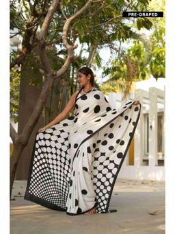 Isadora Life - Womens Polka Dots Printed White Pre-Draped Saree With Unstitched Blouse