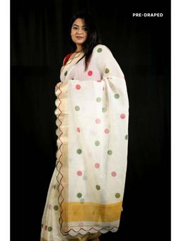 Isadora Life - Womens Polka Dots Zari White Pre-Draped Saree With Unstitched Blouse
