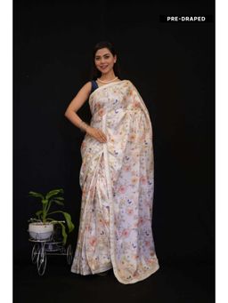 Isadora Life - Womens Floral Printed White Pre-Draped Saree With Unstitched Blouse