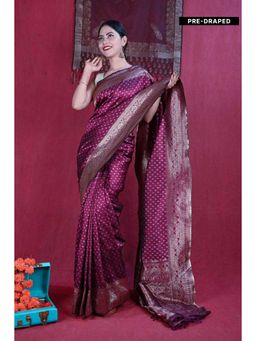 Isadora Life - Womens Woven Tassels Wine Pre-Draped Saree With Unstitched Blouse