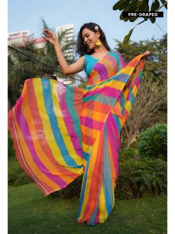 Isadora Life - Womens Printed Stripes Multi-Color Pre-Draped Saree With Unstitched Blouse