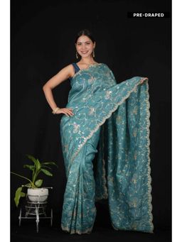 Isadora Life - Womens Embroidered Sequined Blue Pre-Draped Saree With Unstitched Blouse