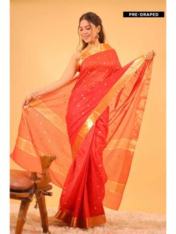 Isadora Life - Womens Woven Zari Red Pre-Draped Saree With Unstitched Blouse