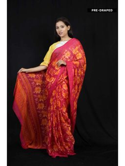 Isadora Life - Womens Floral Printed Pink Pre-Draped Saree With Unstitched Blouse