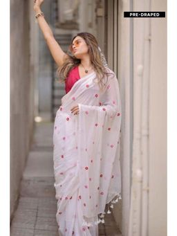 Isadora Life - Womens Floral Embroidered White Pre-Draped Saree With Unstitched Blouse