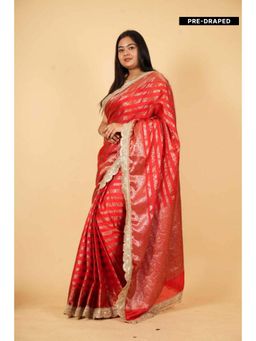 Isadora Life - Womens Stripes Embroidered Red Pre-Draped Saree With Unstitched Blouse
