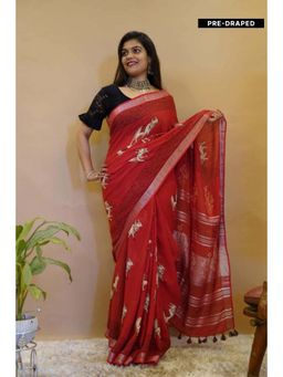 Isadora Life - Womens Printed Tassels Red Pre-Draped Saree With Unstitched Blouse