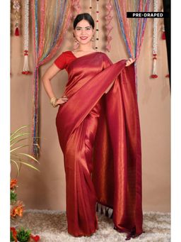 Isadora Life - Womens Woven Tassels Red Pre-Draped Saree With Unstitched Blouse