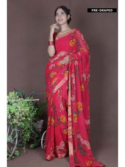 Isadora Life - Womens Floral Printed Pink Pre-Draped Saree With Unstitched Blouse