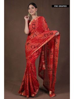 Isadora Life - Womens Printed Red Pre-Draped Saree With Unstitched Blouse