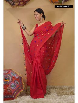 Isadora Life - Womens Embroidered Tassels Red Pre-Draped Saree With Unstitched Blouse