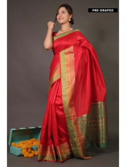 Isadora Life - Womens Woven Zari Red Pre-Draped Saree With Unstitched Blouse