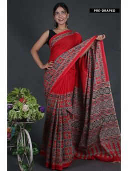 Isadora Life - Womens Printed Red Pre-Draped Saree With Unstitched Blouse