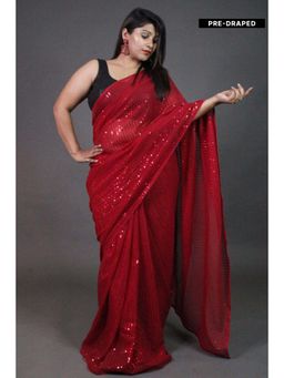 Isadora Life - Womens Sequined Red Pre-Draped Saree With Unstitched Blouse