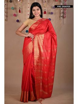 Isadora Life - Womens Woven Tassels Red Pre-Draped Saree With Unstitched Blouse