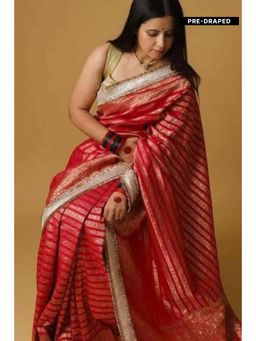 Isadora Life - Womens Woven Embroidered Red Pre-Draped Saree With Unstitched Blouse