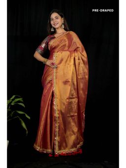 Isadora Life - Womens Solid Tassels Copper Pre-Draped Saree With Unstitched Blouse