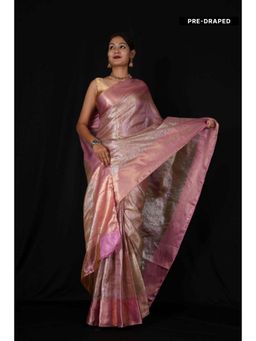 Isadora Life - Womens Woven Zari Pink Pre-Draped Saree With Unstitched Blouse