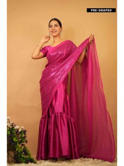 Isadora Life - Womens Embroidered Sequined Pink Pre-Draped Saree With Unstitched Blouse