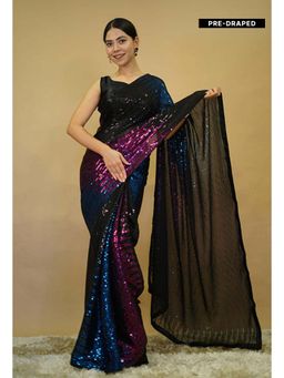 Isadora Life - Womens Sequined Multi-Color Pre-Draped Saree With Unstitched Blouse